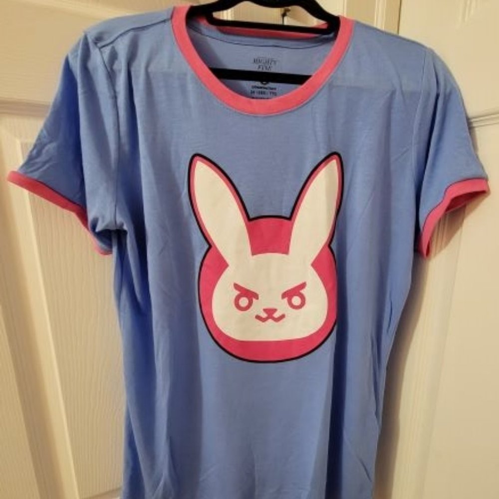 Overwatch® D.Va Bunny Logo Juniors Ringer Tee 2XL Light Blue & Hot Pink NWOT